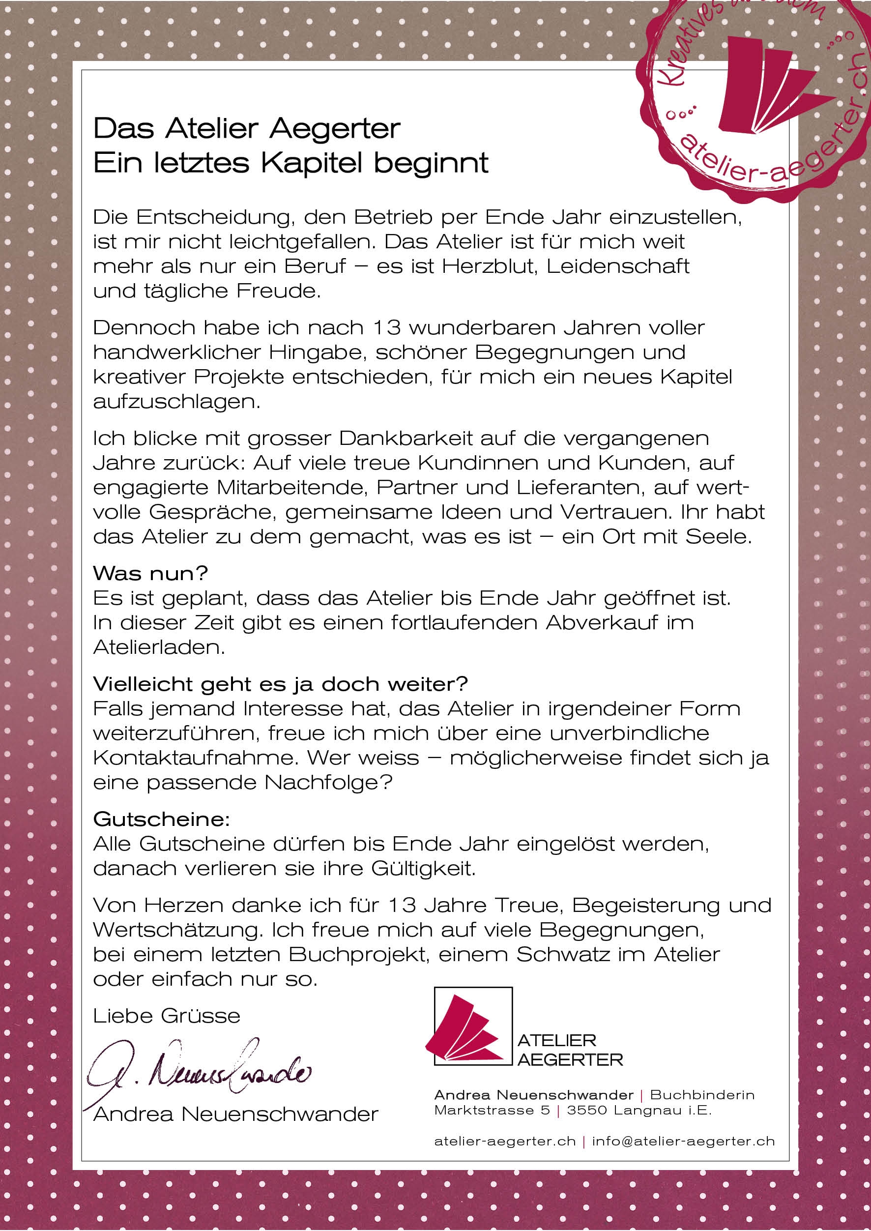 Das Atelier Aegerter - Ein letztes Kapitel beginnt